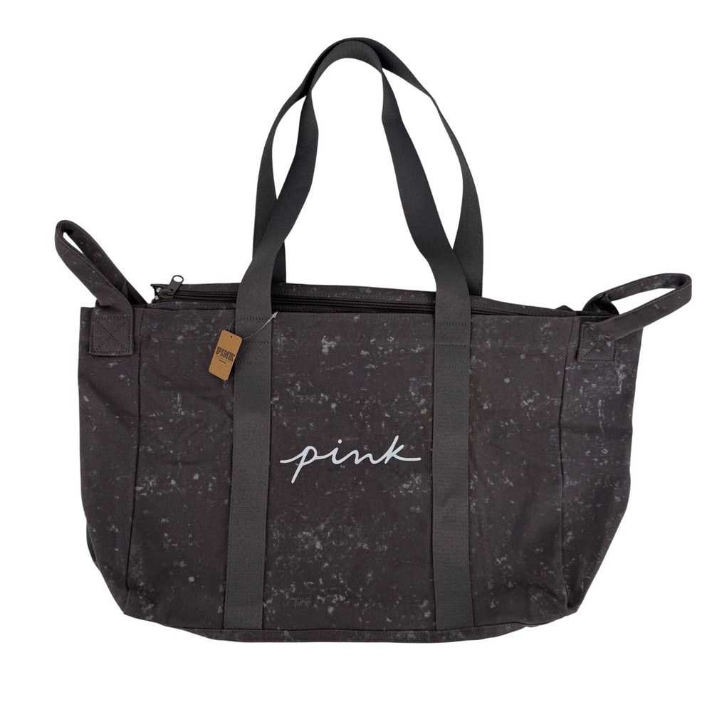 Victoria's Secret PINK Gray Acid Wash Canvas Tote Bag Zippered Travel Gym Bag